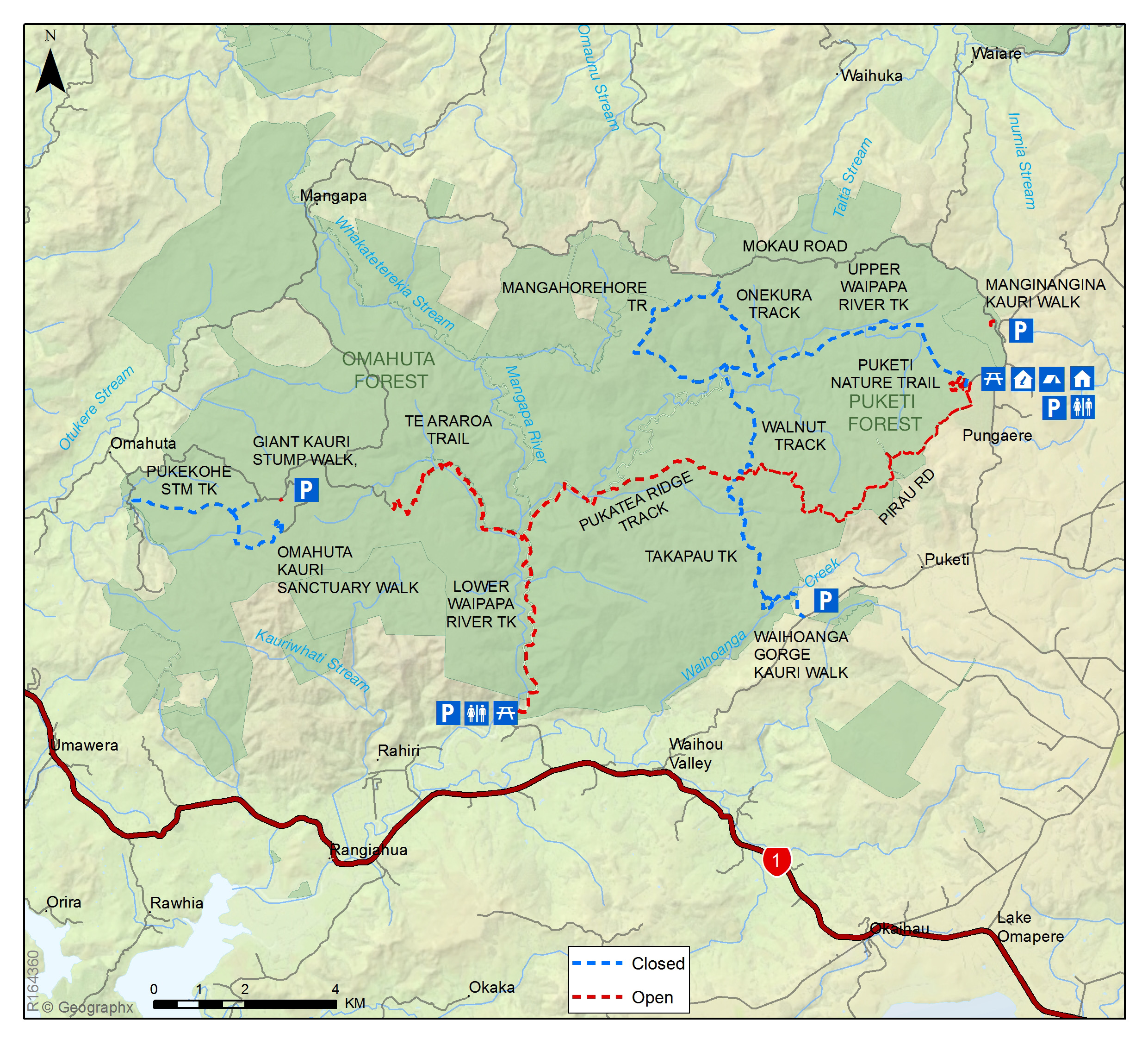 Map of hiking tracks in Puketi-Omahuta Forest